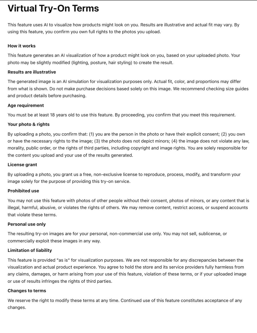 Virtual try-on terms screenshot