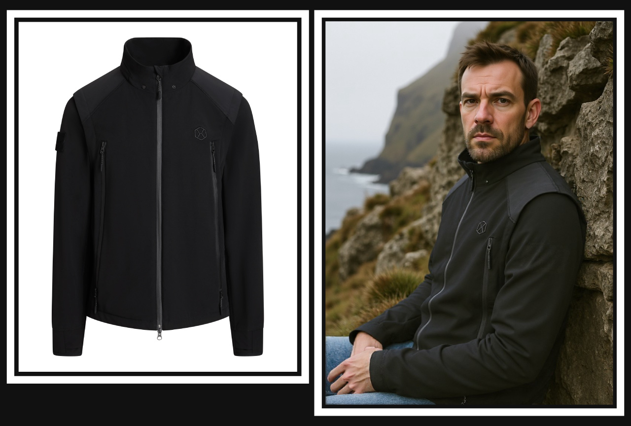 ThermAdapt jacket flat-lay beside a lifestyle render of a man wearing the jacket
