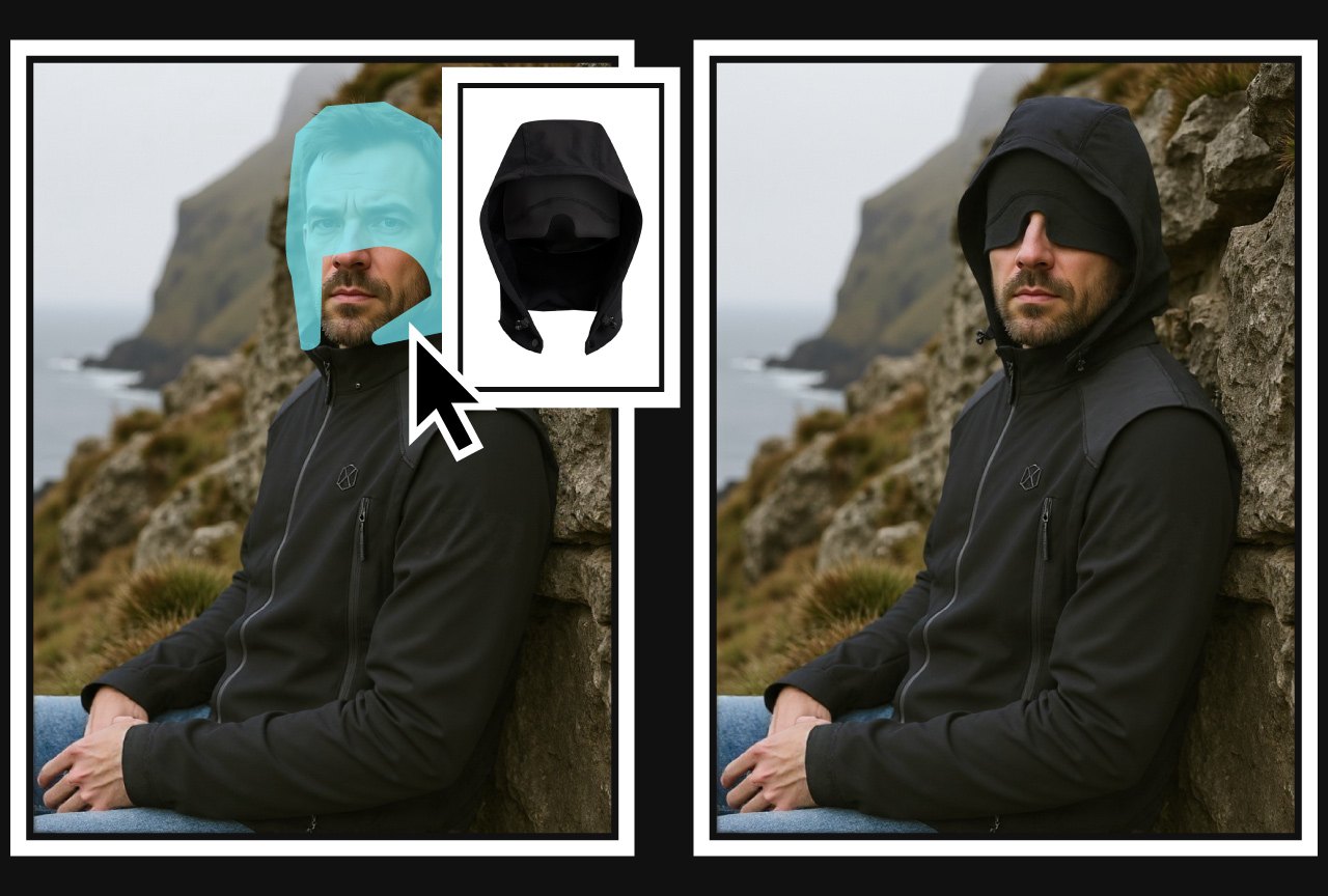 Overlay showing the hood module reference and the updated render with hood and mask raised