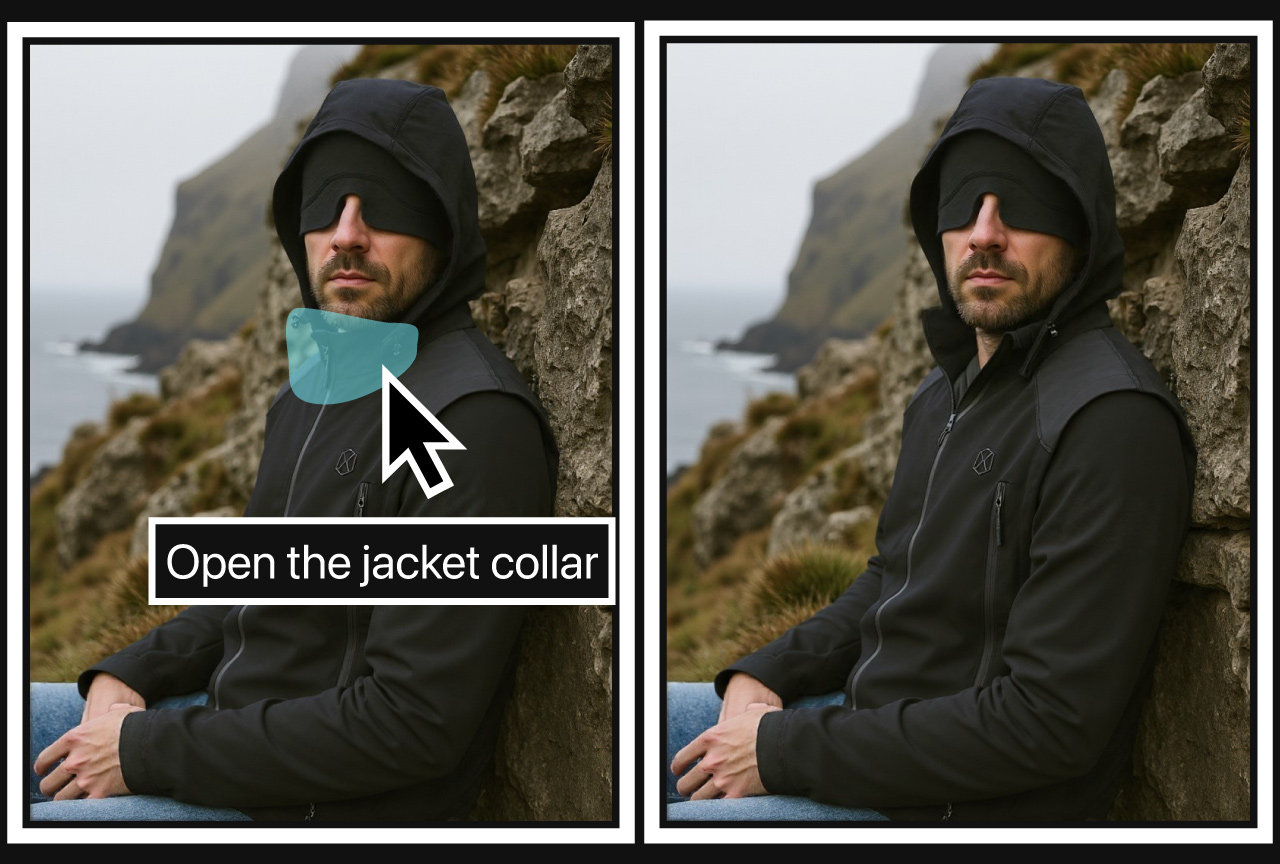 Overlay instructing to open the jacket collar with the final render showing the updated look