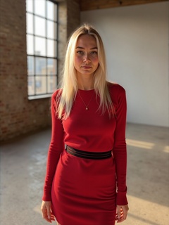 red sweater dress with black striped waist, sparse loft