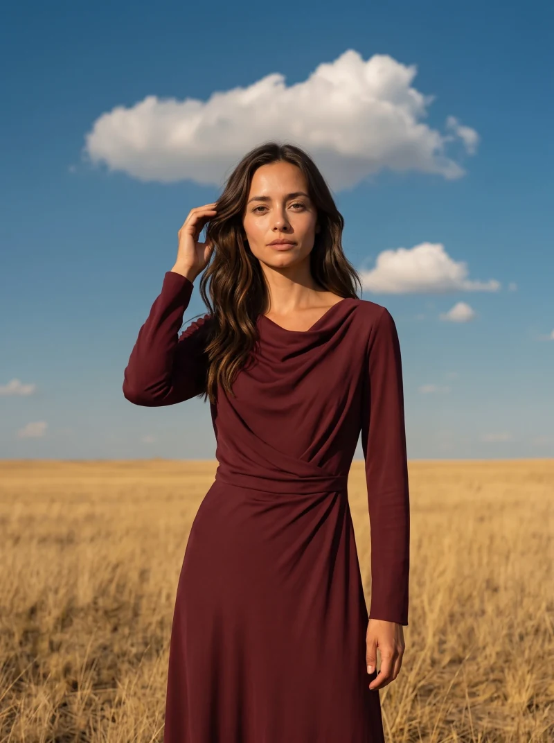 Deni wearing the same oxblood dress with a hair-touch pose