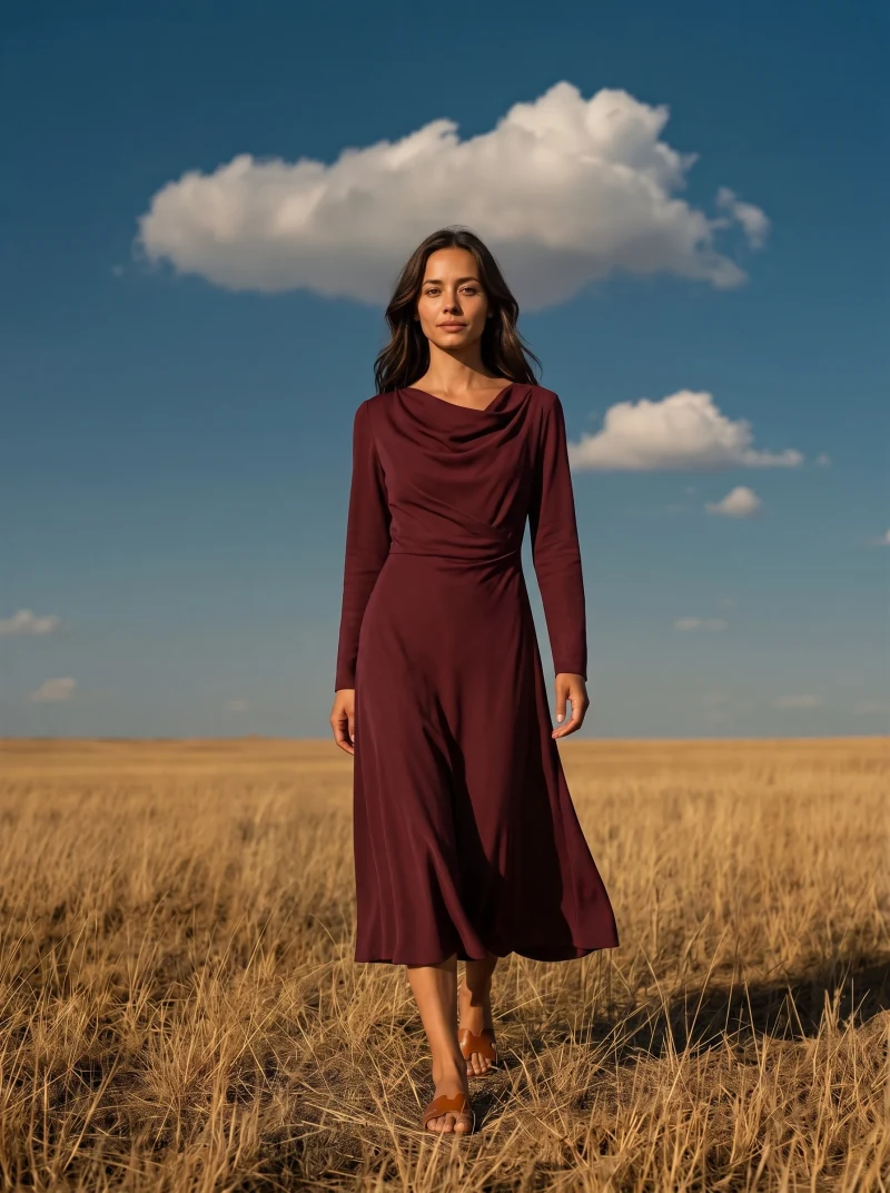 Deni wearing the same oxblood dress in a mid-stride walking pose