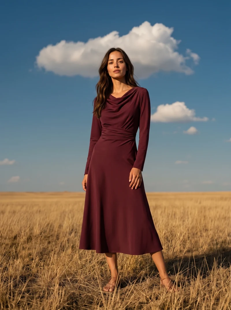 Deni wearing the same oxblood dress in an S-curve stance