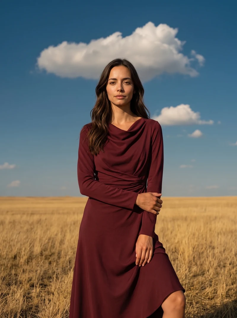Deni wearing the oxblood draped midi dress with a soft arm-cross pose