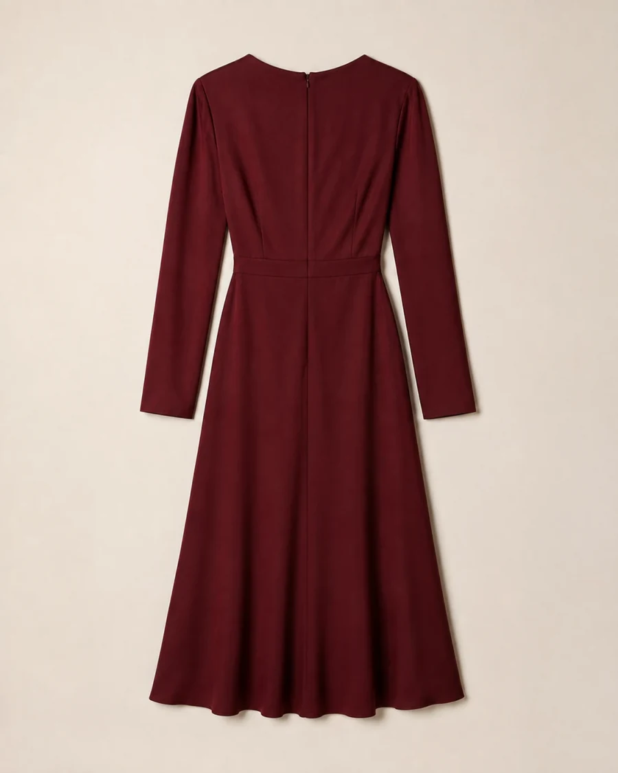 Back product reference of the same oxblood draped midi dress