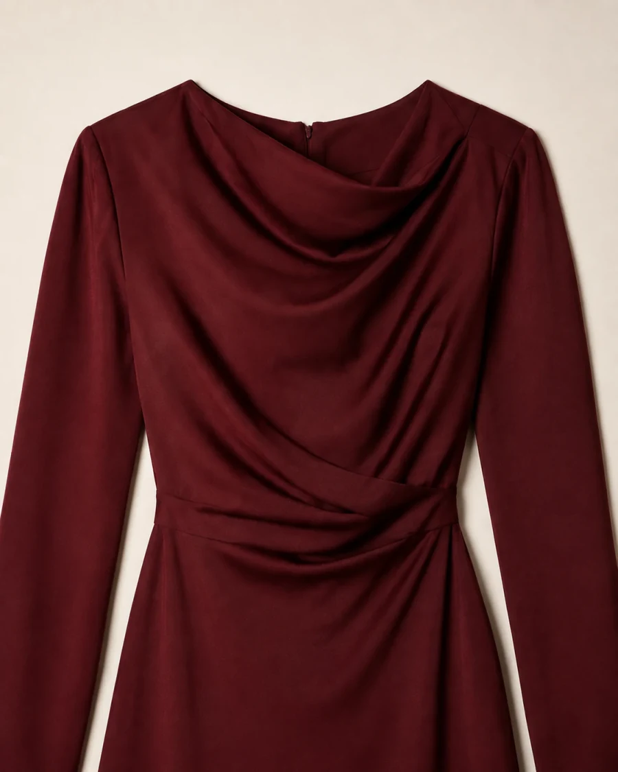 Neckline and waist detail of the same oxblood draped midi dress