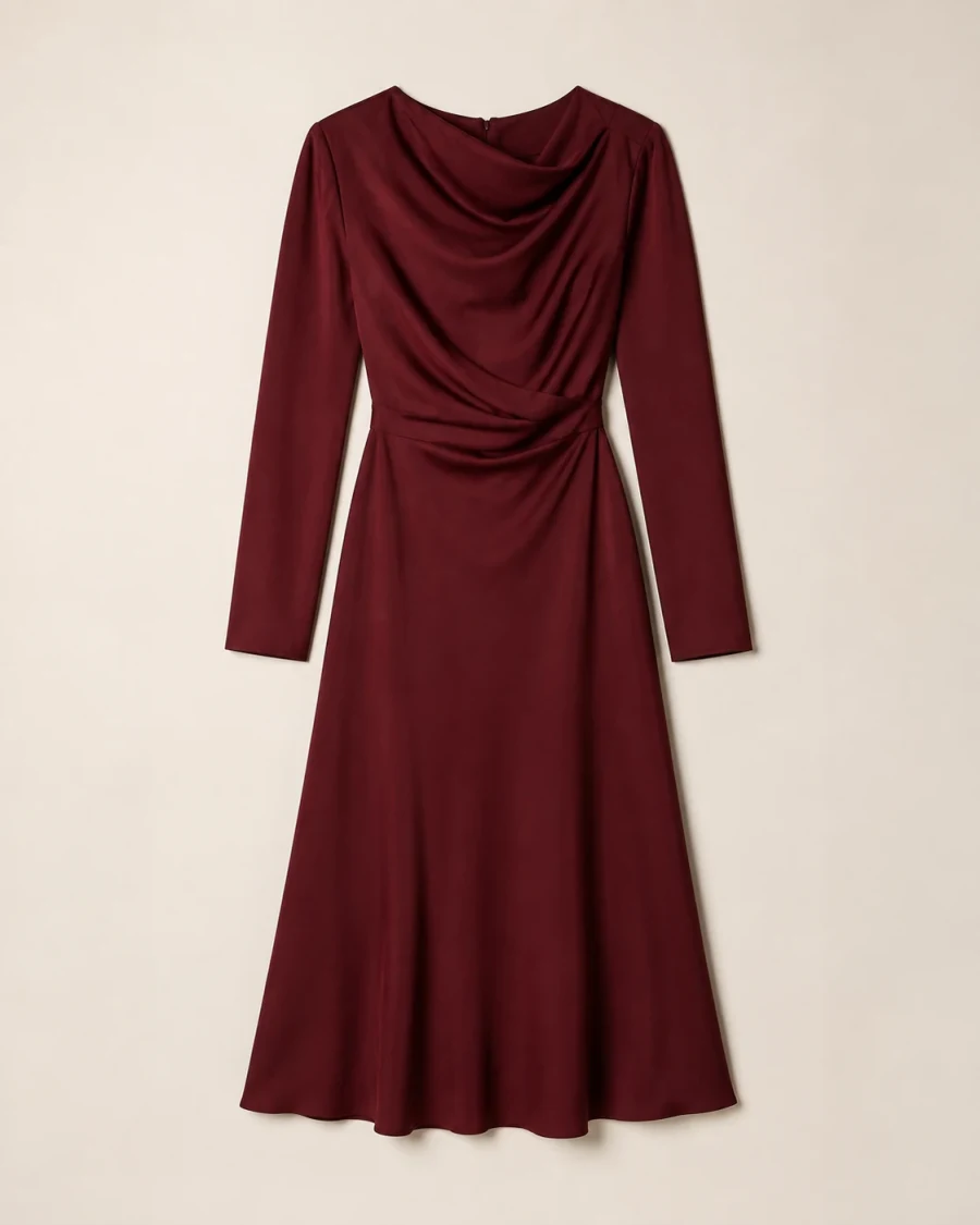 Front product reference of an oxblood draped midi dress