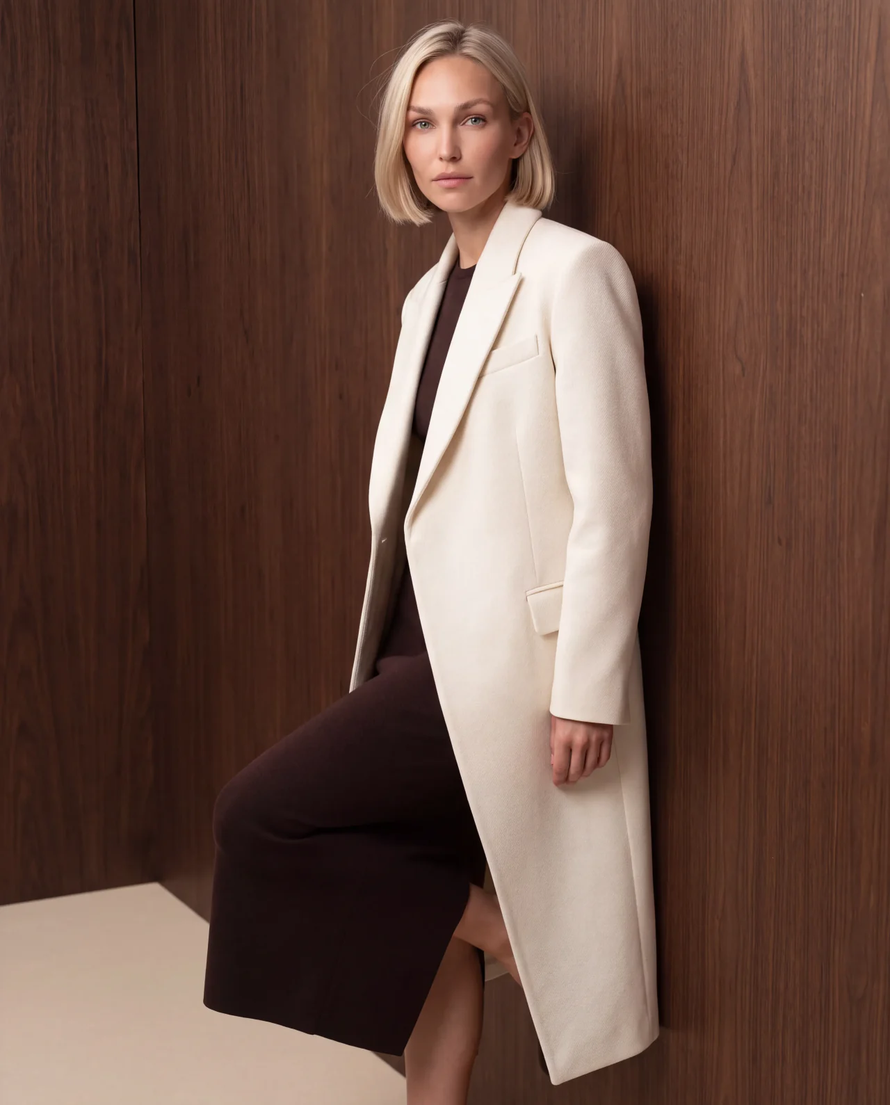 Astrid in a sculptural ivory coat and dark dress against a walnut fashion set