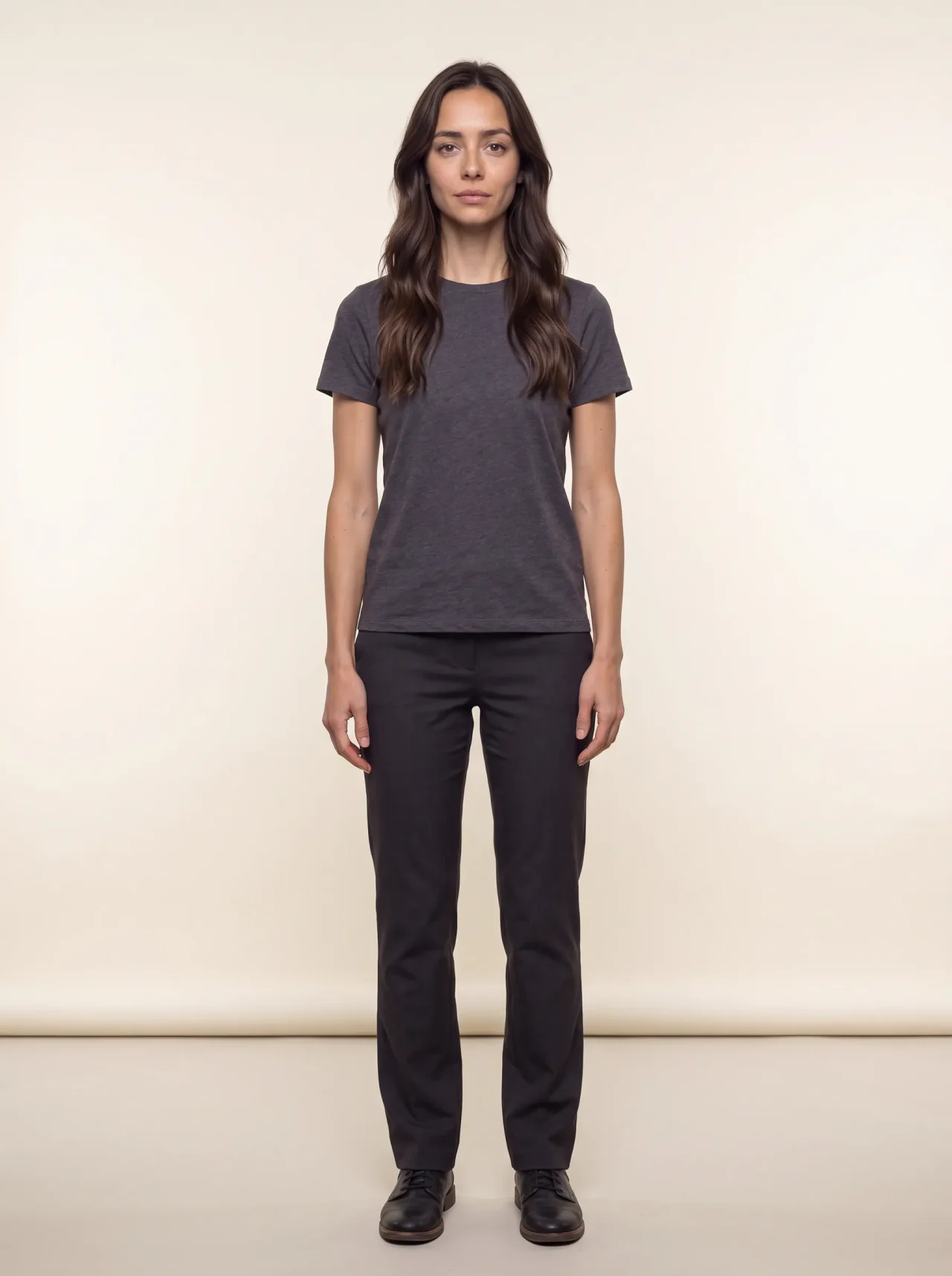 Full-body front reference of the same AI fashion model