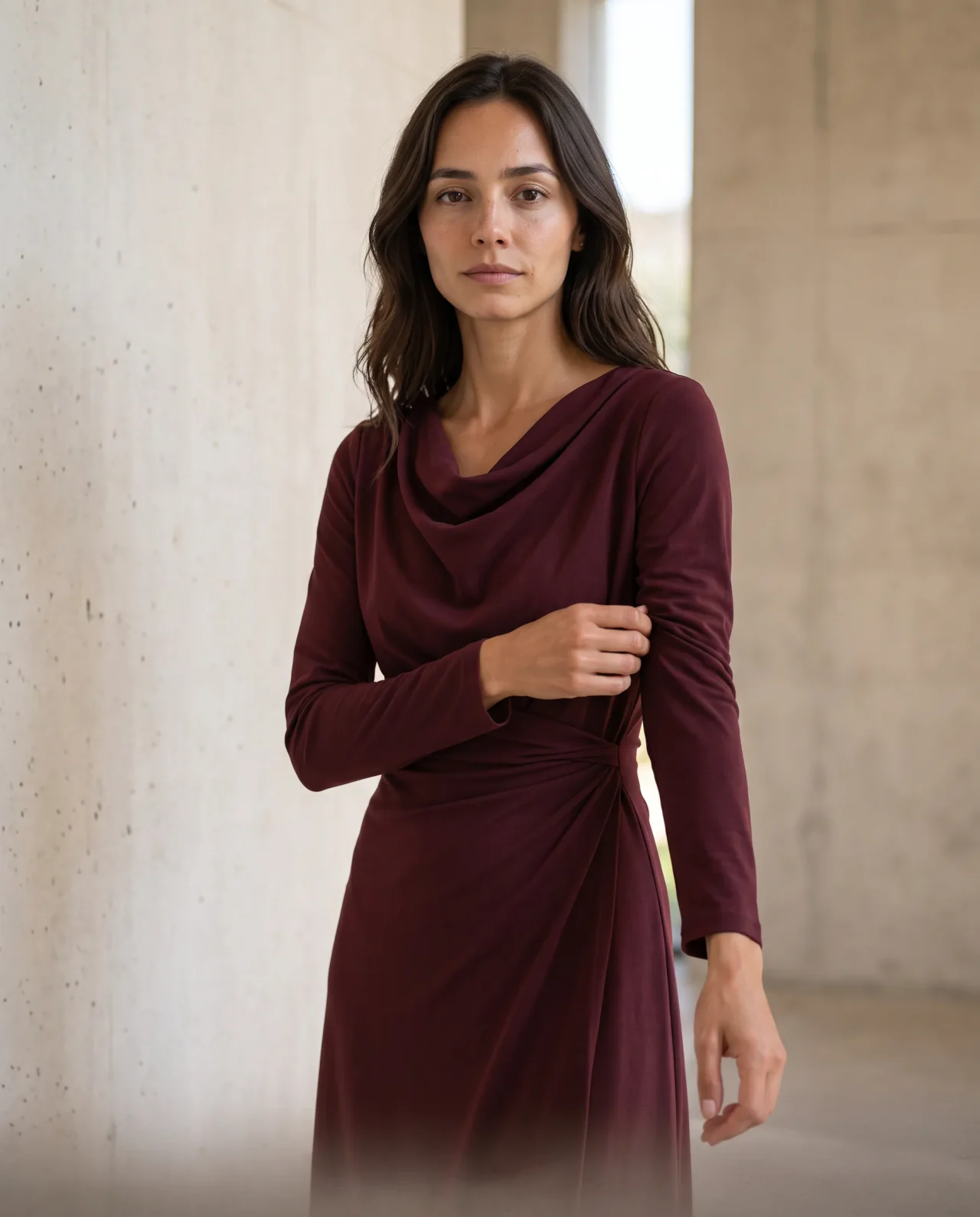 Closer portrait of Deni wearing an oxblood draped dress in a modern gallery