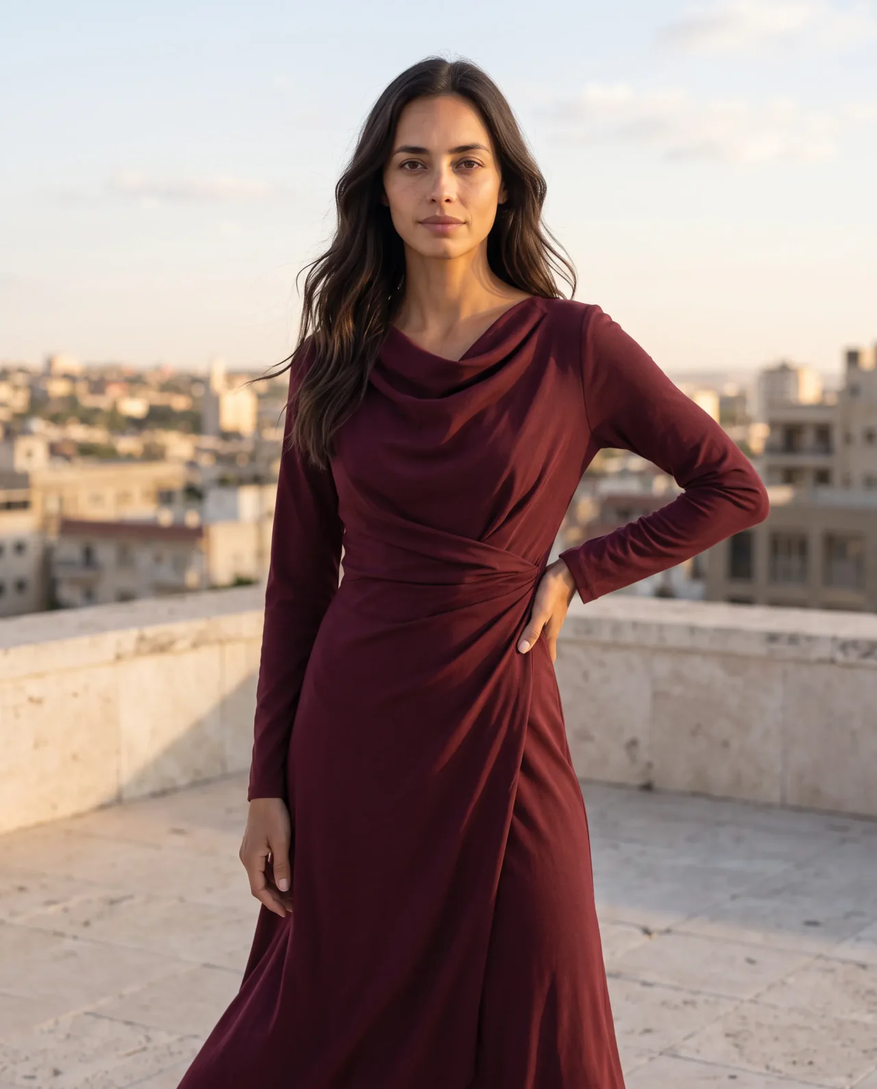 The same Deni model and dress in a closer rooftop fashion portrait