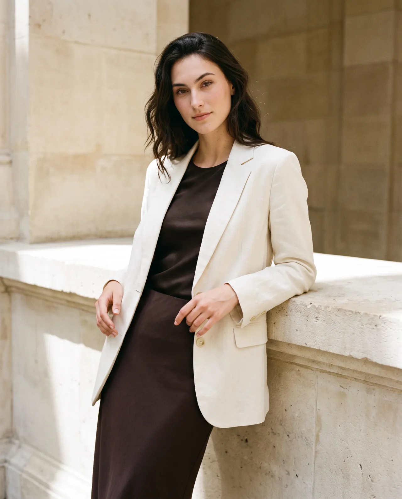 Jess leaning against a limestone ledge in a cream blazer and dark skirt