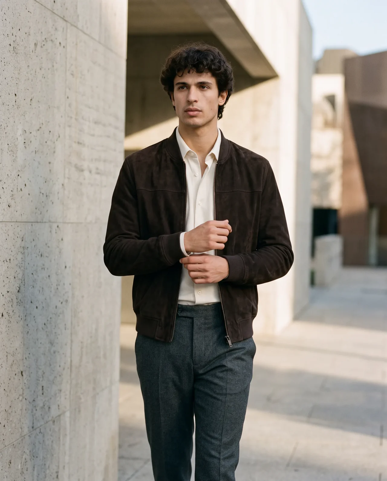 Matt walking while adjusting the cuff of an espresso suede jacket