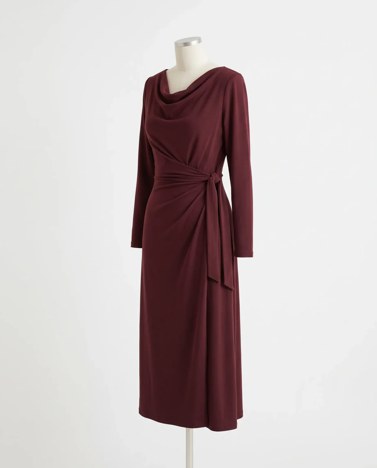 Burgundy draped midi dress photographed on a headless mannequin